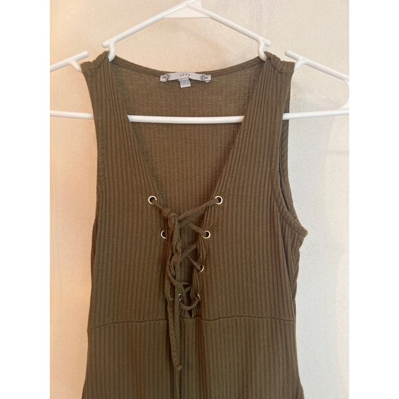 Ribbed Olive Green Lace-Up Bodysuit By Iris Sleeveless Medium Fit Snap Closure S - Picture 2 of 5